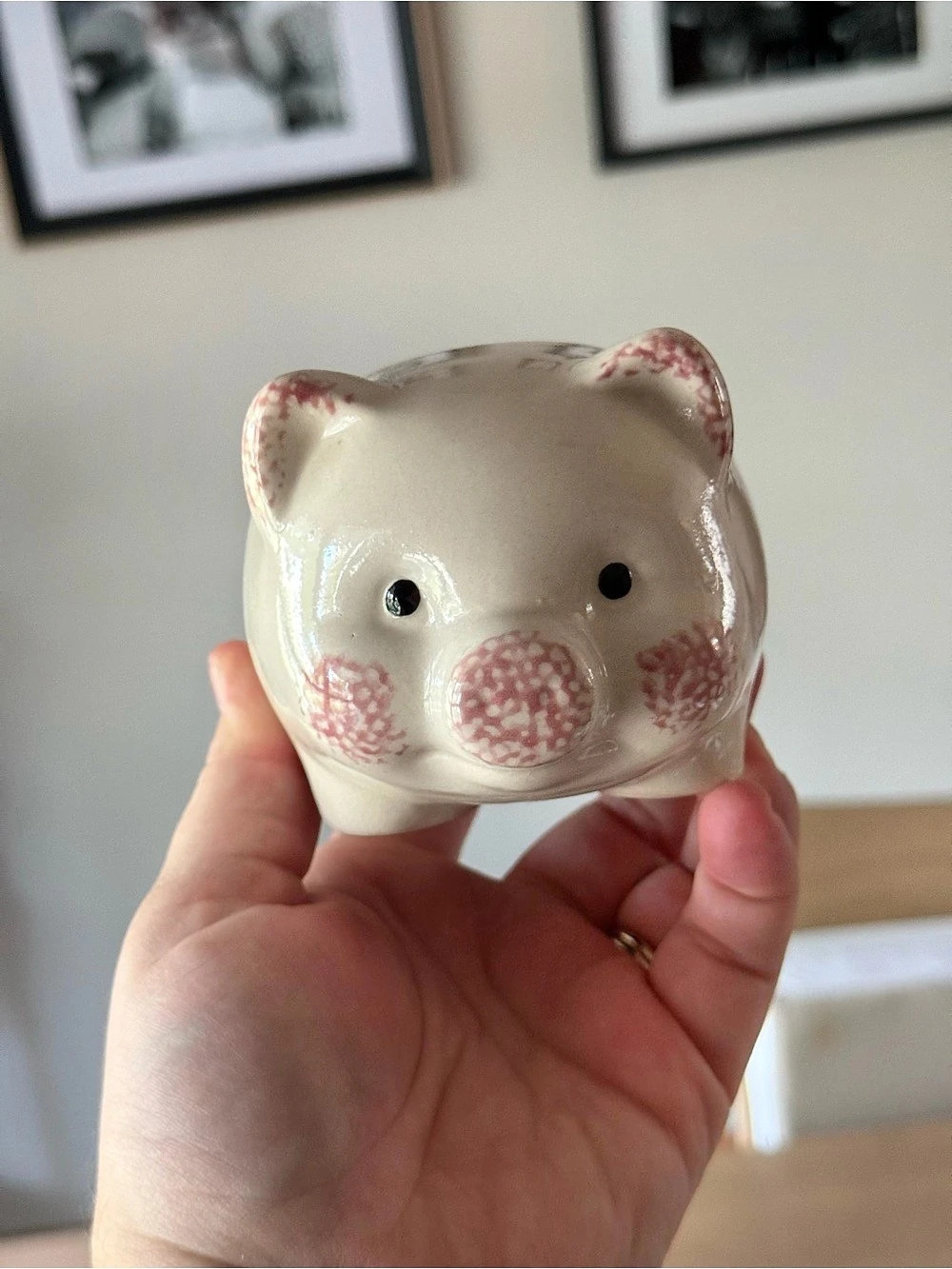 Vintage cottage core ceramic piggy bank with sponge painted heart motif